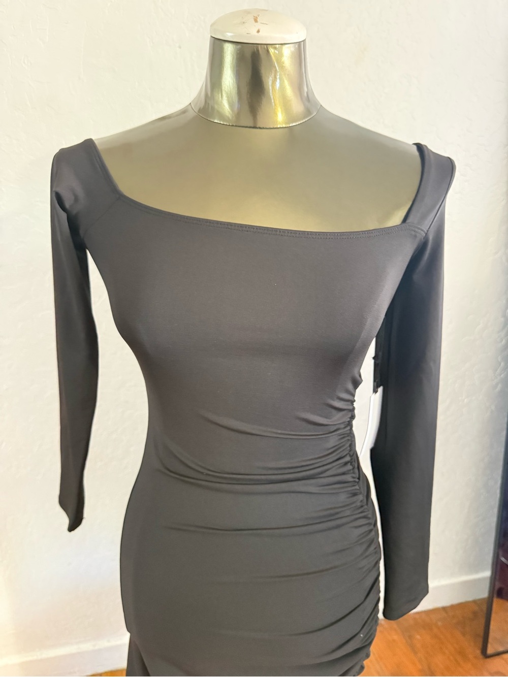 ASTR Sleek Black Off-Shoulder Ruched Bodycon Dress
